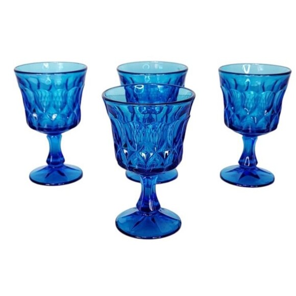 Vintage MCM Noritake Perspective Blue Glass Footed Wine Water Juice Four Goblets - Picture 3 of 11